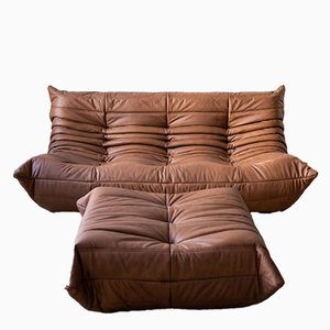 Folk Nur Marrone Leather Togo 3-Seat Sofa and Pouf by Michel Ducaroy for Ligne Roset, 1970s, Set of 2