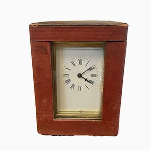 Horloge de Carrosse Victorienne en Laiton et Étui en Cuir, 1880s, Set de 2
