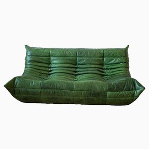 Togo 3-Sitzer Sofa aus Grünem Leder von Michel Ducaroy für Ligne Roset