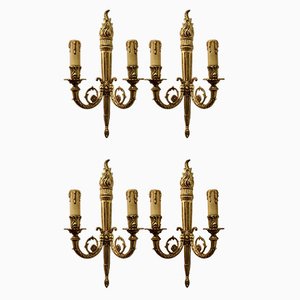 Large French Neoclassical Brass Twin Wall Lights, 1920s, Set of 4