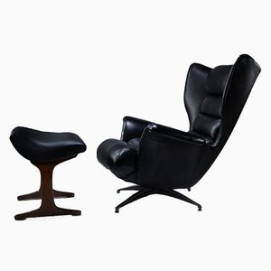Italian Black Leather Swivel Wing Chair with Footstool from G-Plan, England, 1960s, Set of 2