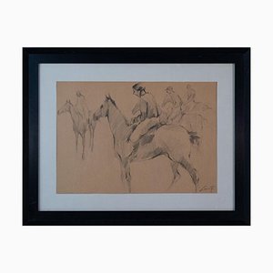 At The Races, Graphite Drawing, 20th Century, Framed