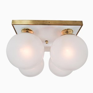 Mid-Century Brass Ceiling Light with Pearl White Glass Globe, 1970s