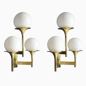 Sculptural Brass Wall Sconces with Opaline Glass Shades by Gaetano Sciolari, 1970s, Set of 2