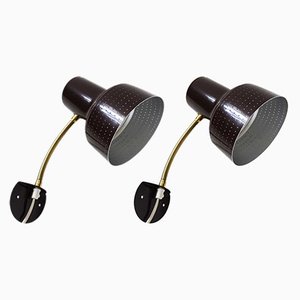 Adjustable Wall Lamps in Brown Lacquered Metal with Brass Arms by Carl Thore for Granhaga, Sweden, 1960s, Set of 2