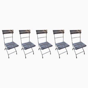 Mid-Century French Wood and Iron Garden Folding Chairs, Set of 5