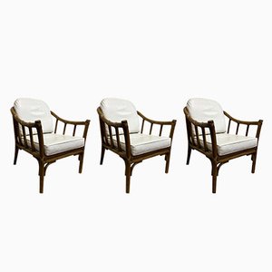 Armchairs in Rattan & White Leather by Hans Kaufmann for Mc Guire, 1970s, Set of 3