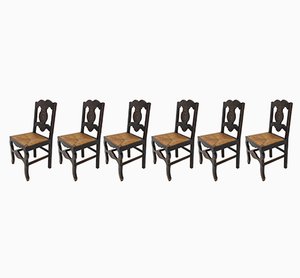 Spanische Esszimmerstühle mit geflochtenen Sitzen, Spanien, frühes 20. Jh., 6er Set