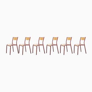 French Red Model 510 Stacking Dining Chairs from Mullca, 1970s, Set of 6