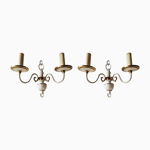 White & Gold Brass Wall Sconces, Italy, 1950, Set of 2
