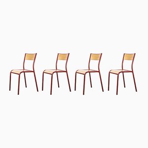 French Red Model 510 Stacking Dining Chairs from Mullca, 1970s, Set of 4