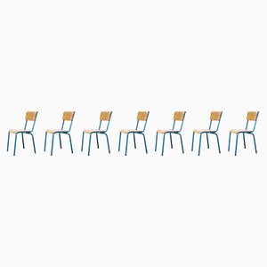 French Light Blue Kick Leg Stacking Chairs from Mullca, 1960s, Set of 7