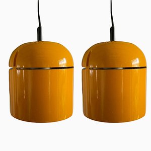 Mid-Century German Retro Danish Design Yellow Pendant Lamp and Teak Sideboard from Staff, Set of 2