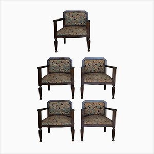 Art Deco Wooden Armchairs in Brown Velvet, 1980s, Set of 5
