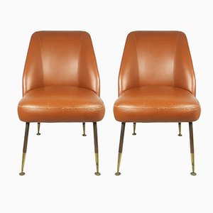 Brown Leather & Brass Campanula Chairs by Carlo Pagani for Arflex, 1952, Set of 2