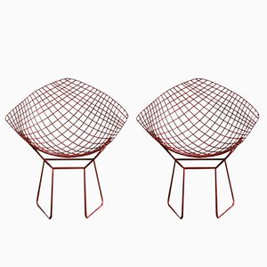Diamond Chairs in Red Lacquer by Harry Bertoia for Knoll Inc. / Knoll International, 1950s, Set of 2