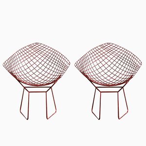 Sedie Diamond in porcellana rossa laccata di Harry Bertoia per Knoll Inc. / Knoll International, anni '50, set di 2