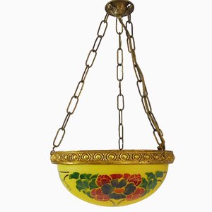 Vintage Art Nouveau Pendulum in Yellow Glass Paste with Floral Patterns, 1920s