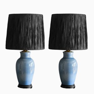 Table Lamps in Enamelled Ceramic with Raffia Lampshade, Set of 2