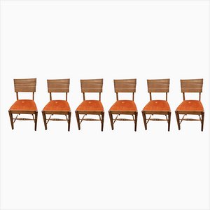 Art Deco Orange Fabric Chairs, Set of 6