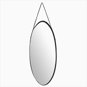 Oval Wall Mirror with Ebonized Wood Frame and Leather Hook, Italy