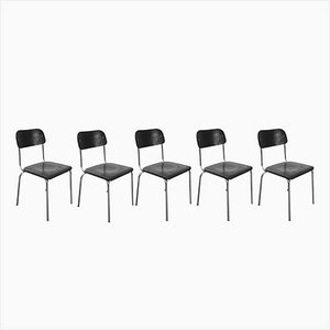 Mid-Century Indutrial Black Chair in Chrome and Wood, 1950, Set of 5