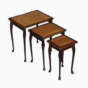 Vintage Brown Leather Top & Hardwood Nesting Tables, Set of 3