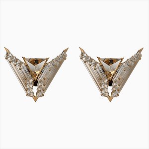 Appliques Style Venini en Verre Triangulaire et Laiton, Italie, 1970s, Set de 2