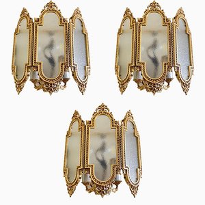Italian Wall Lamps in Brass and Glass, 1980s, Set of 3