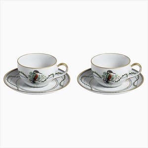 Birds & Wood Teacups with Saucers, Set of 4