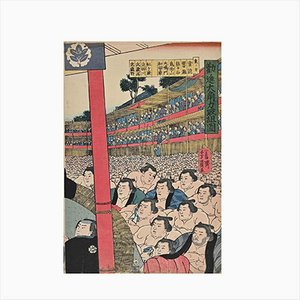 After Utagawa Kunisada, Sumo Tournament, Original Woodcut, Mid 19th-Century