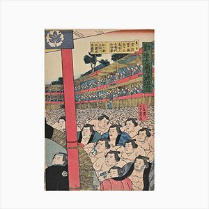 After Utagawa Kunisada, Tournoi de Sumo, Gravure sur Bois, Milieu du 19ème Siècle