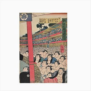 Grabado en madera original de Utagawa Kunisada, Torneo de sumo, mediados del siglo XIX