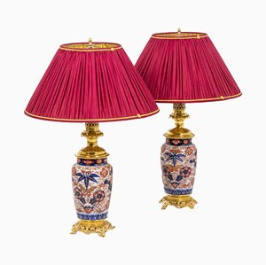 Lámparas de mesa Imari de porcelana y bronce dorado, 1880. Juego de 2