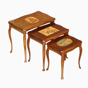 Vintage Hand Painted Marquetry Nest of Tables, Set of 3