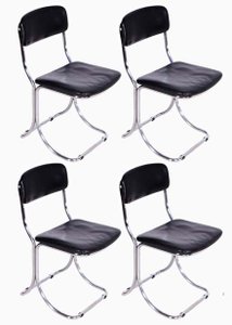 Tubular Steel and Black Leather Chairs, Set of 4
