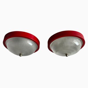 Italian Glass and Red Metal Base Sconces or Ceiling Lamps from Reggiani, 1970s