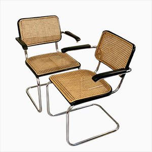 Model S64 Dining Chair with Woven Cane and Black Wood Frame by Marcel Breuer for Thonet, Set of 2