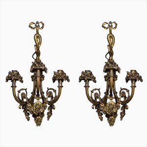 Applique a tre braccia in stile Luigi XIV in bronzo dorato, Francia, set di 2