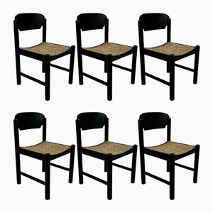 Mid-Century Black Wood and Rush Dining Chairs, 1970s, Set of 6