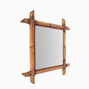 Specchio quadrato Mid-Century con cornice in bambù, Italia, anni '70