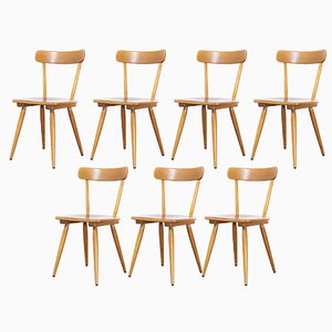 French Beech Simple Back Dining Chairs, 1950s, Set of 7