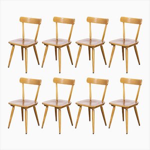 French Beech Simple Back Dining Chairs, 1950s, Set of 8