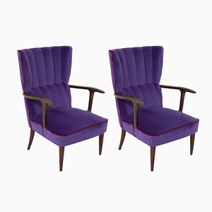 Vintage Wooden Lounge Chairs in Purple Velvet by Paolo Buffa, Set of 2