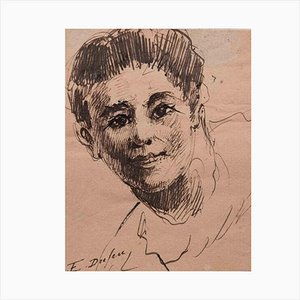 Edouard Dufeu, Portrait of Young Boy, Original Drawing in Pen, 1880s