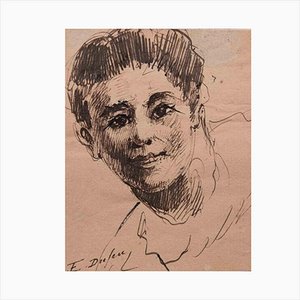 Edouard Dufeu, retrato de niño, dibujo original a pluma, década de 1880