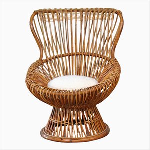 Rattan Margherita Chair with Bouclé Cushion Attributed to Franco Albini