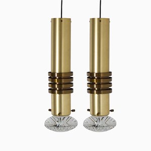 Brass Pendant Lamps with Solid Glass Lenses by Alvar Aalto, Netherlands, 1970s, Set of 2