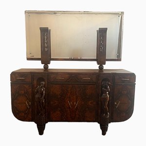 Credenza scultorea in noce con specchio, anni '20