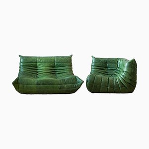 Sofá de dos plazas y asiento esquinero Togo Dubai de cuero verde de Michel Ducaroy para Ligne Roset, años 70. Juego de 2